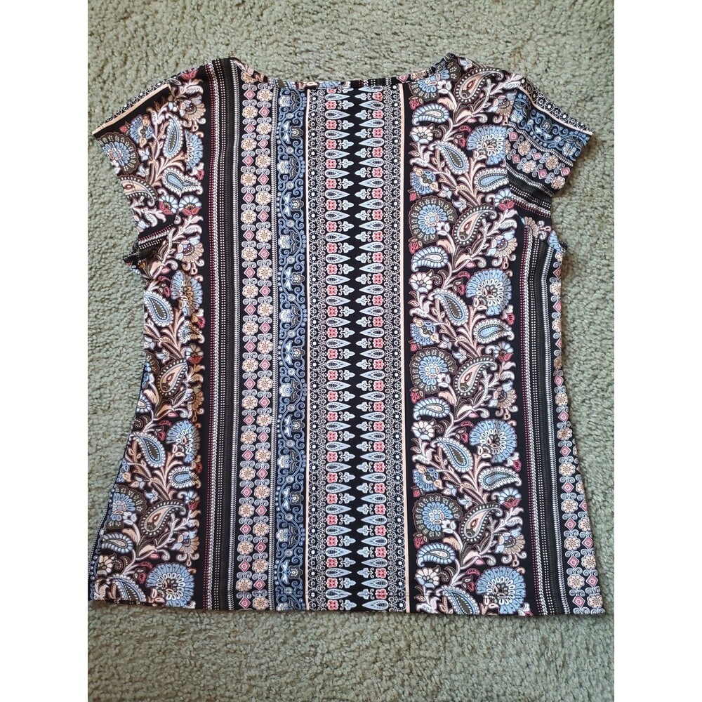 Liz Claiborne Career Petite Short Sleeve Key Hole Crew Neck Blouse Size PL Multi - Picture 3 of 15